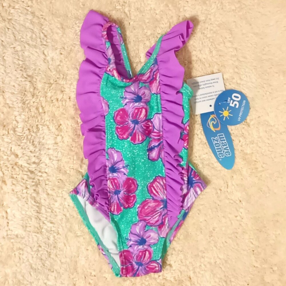 NWT~Wave Zone Toddler Girl's One Piece Hawaiian Ruffle Swimsuit Size: 12 Months